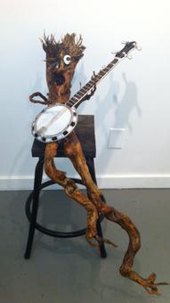 tree sprite sculpture, banjo, stained glass banjo,